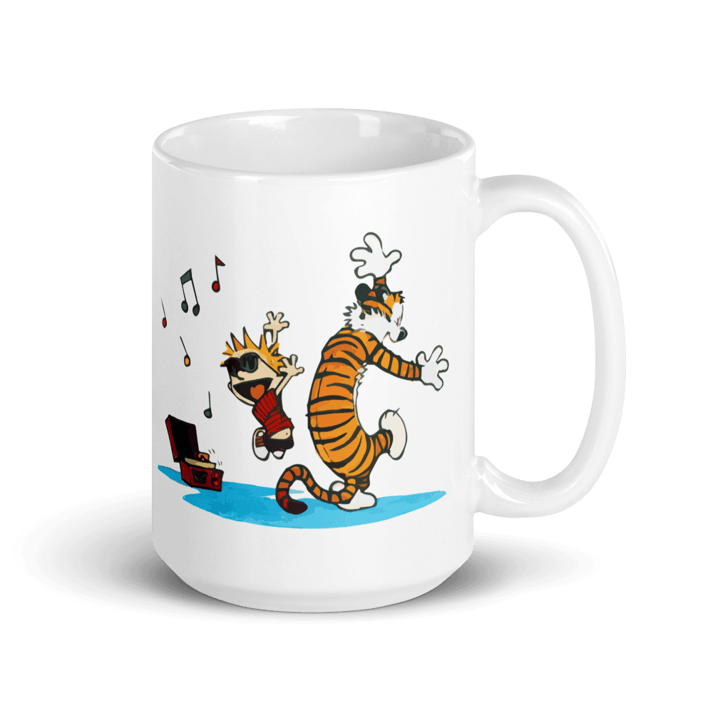 Calvin and Hobbes Dancing with Record Player Mug