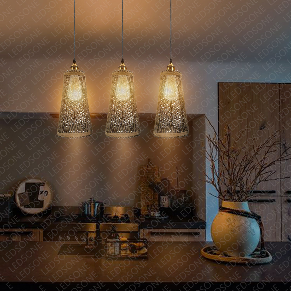 Natural Rattan Style Ceiling Pendant Light Shade E27 Base Handmade Chandeliers Hanging Lights ~3794